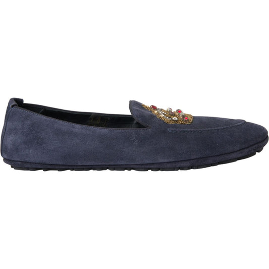 Blue Leather Suede Crystal Crown Loafers Shoes