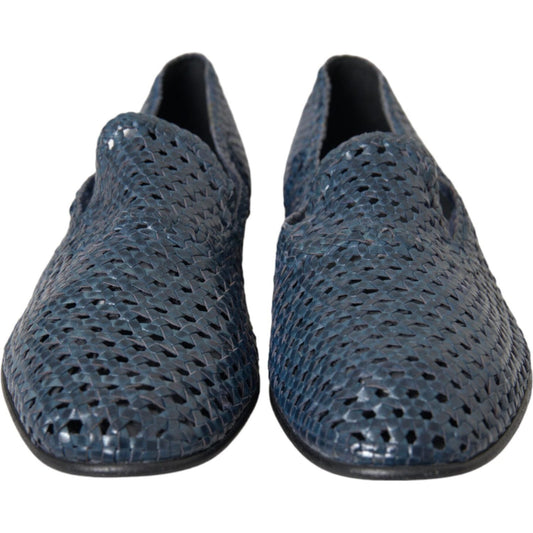 Blue Woven Leather Slip On Loafers Men Shoes