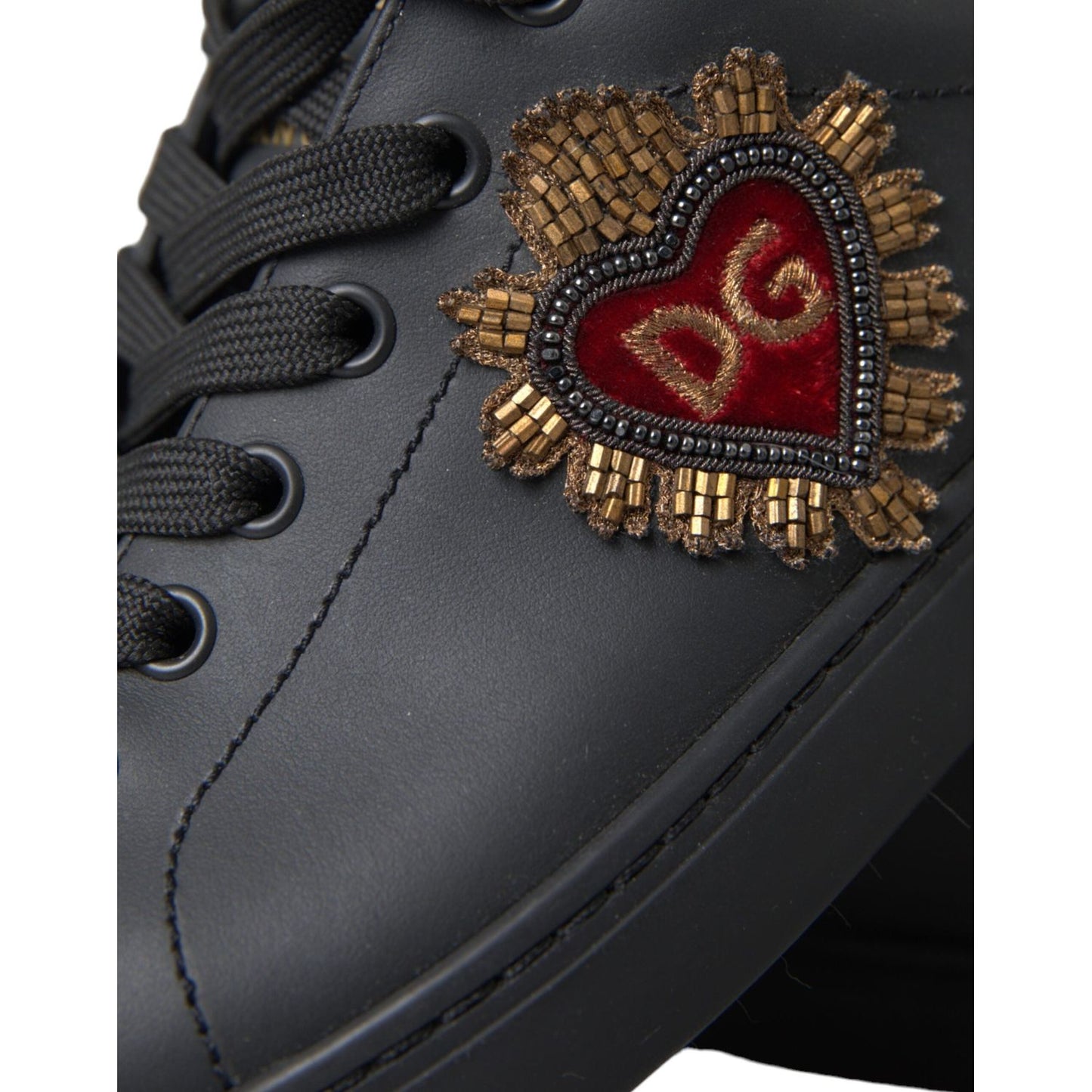 Dolce & Gabbana Black Leather Heart Embellished Sneakers Shoes Dolce & Gabbana