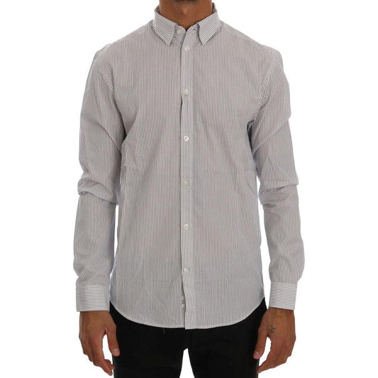 Frankie Morello White Blue Striped Casual Cotton Regular Fit Shirt Frankie Morello