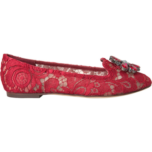 Red Lace Crystal Ballet Loafers Shoes