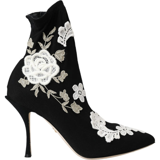 Dolce & Gabbana Black White Embroidery Slip On Boots Shoes Dolce & Gabbana