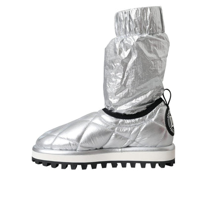 Dolce & Gabbana Metallic Silver Quilted Logo Patch Boot Shoes