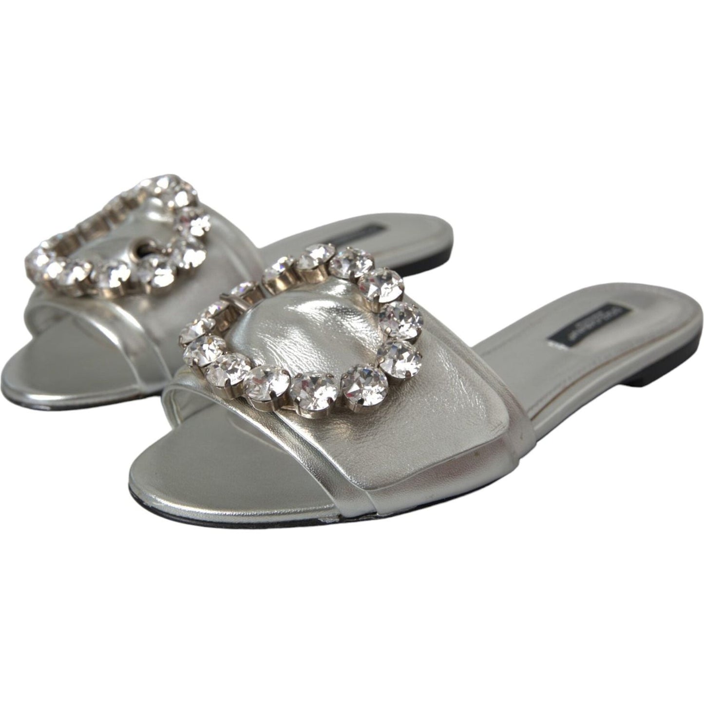 Dolce & Gabbana Silver Crystal Leather Flats Sandals Shoes Dolce & Gabbana