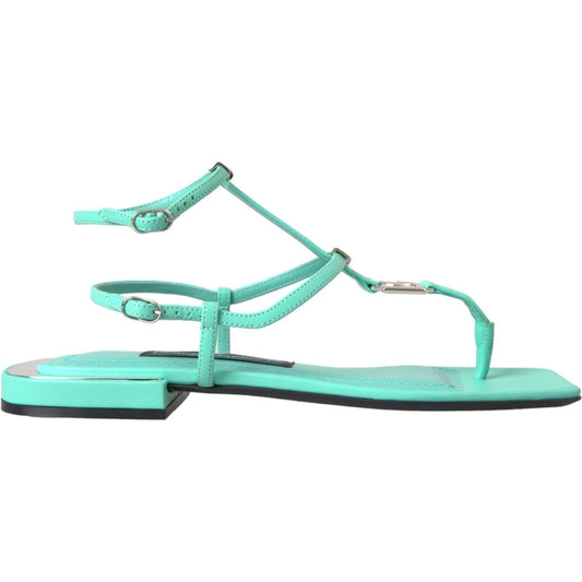 Aqua Green Leather Ankle Strap Flats Sandals Shoes