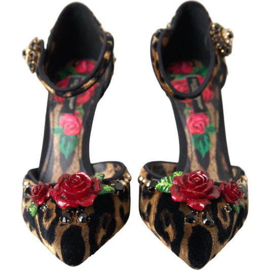 Brown Leopard Floral Crystal Mary Janes Pumps Shoes