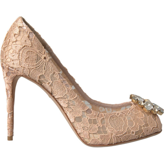 Beige Taormina Lace Crystal Heels Pumps Shoes