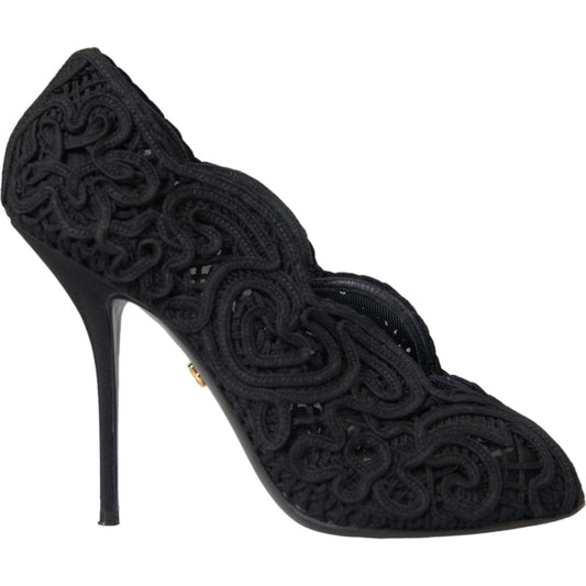 Black Cordonetto Ricamo Pump Open Toe Shoes