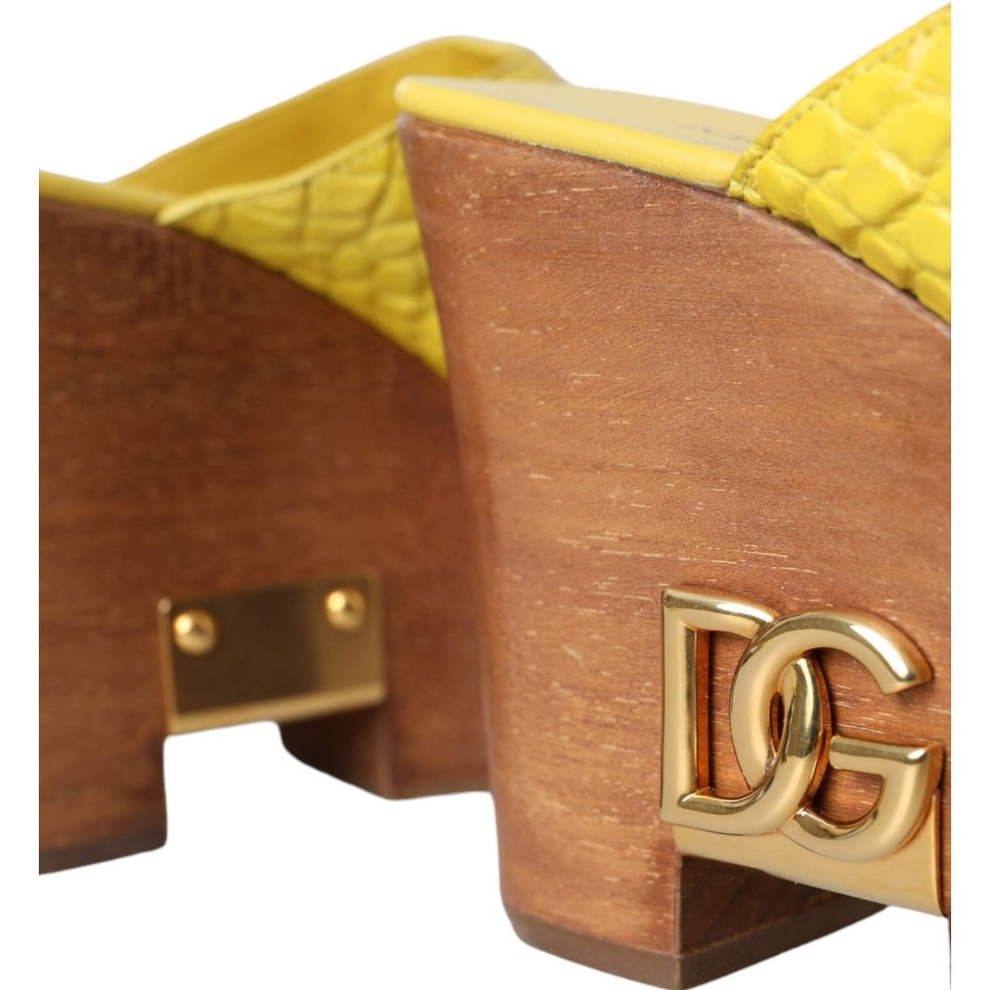 Dolce & Gabbana Yellow Leather Wood Mule Wedge Slides Shoes Dolce & Gabbana