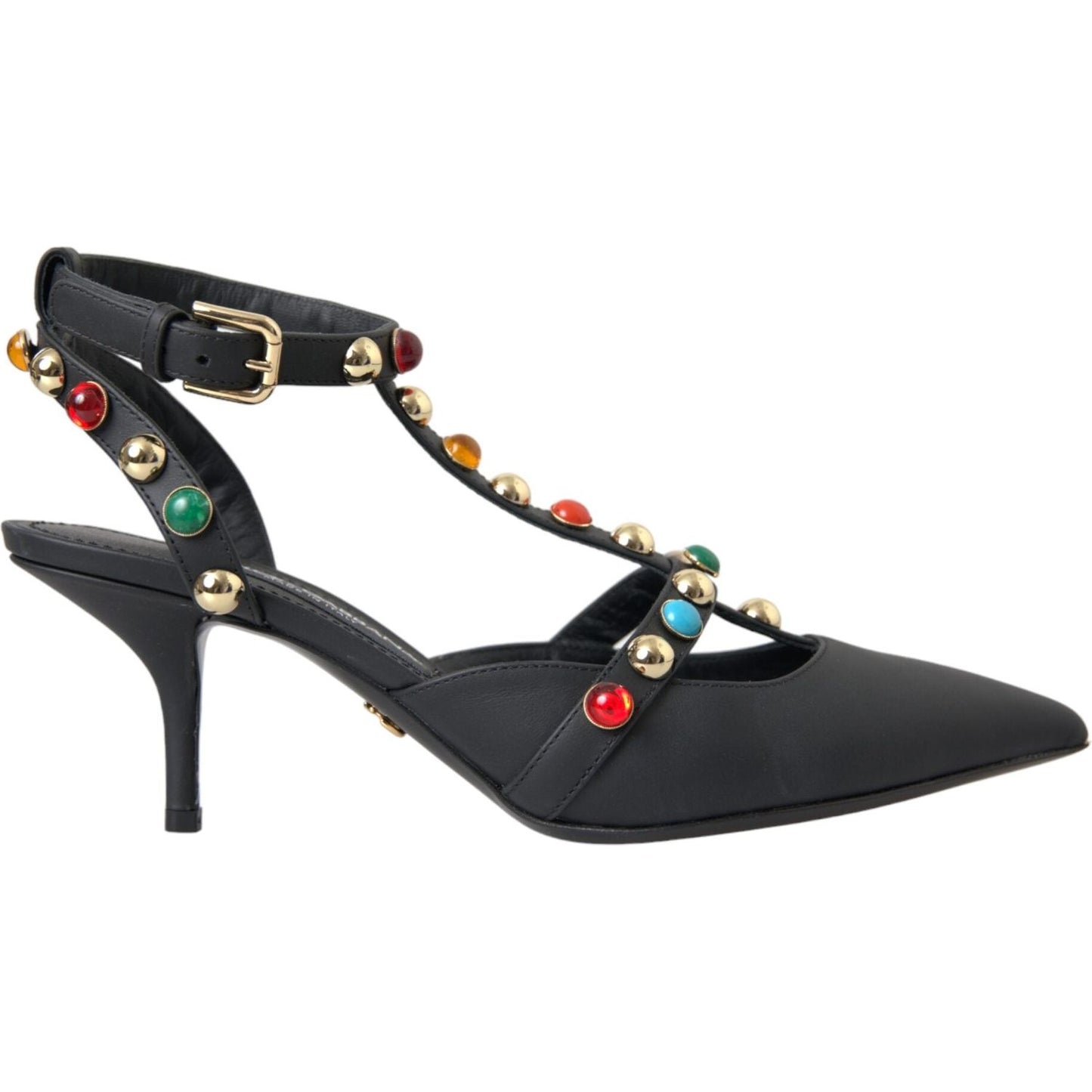 Dolce & Gabbana Black Leather Embellished Heels Sandal Shoes Dolce & Gabbana