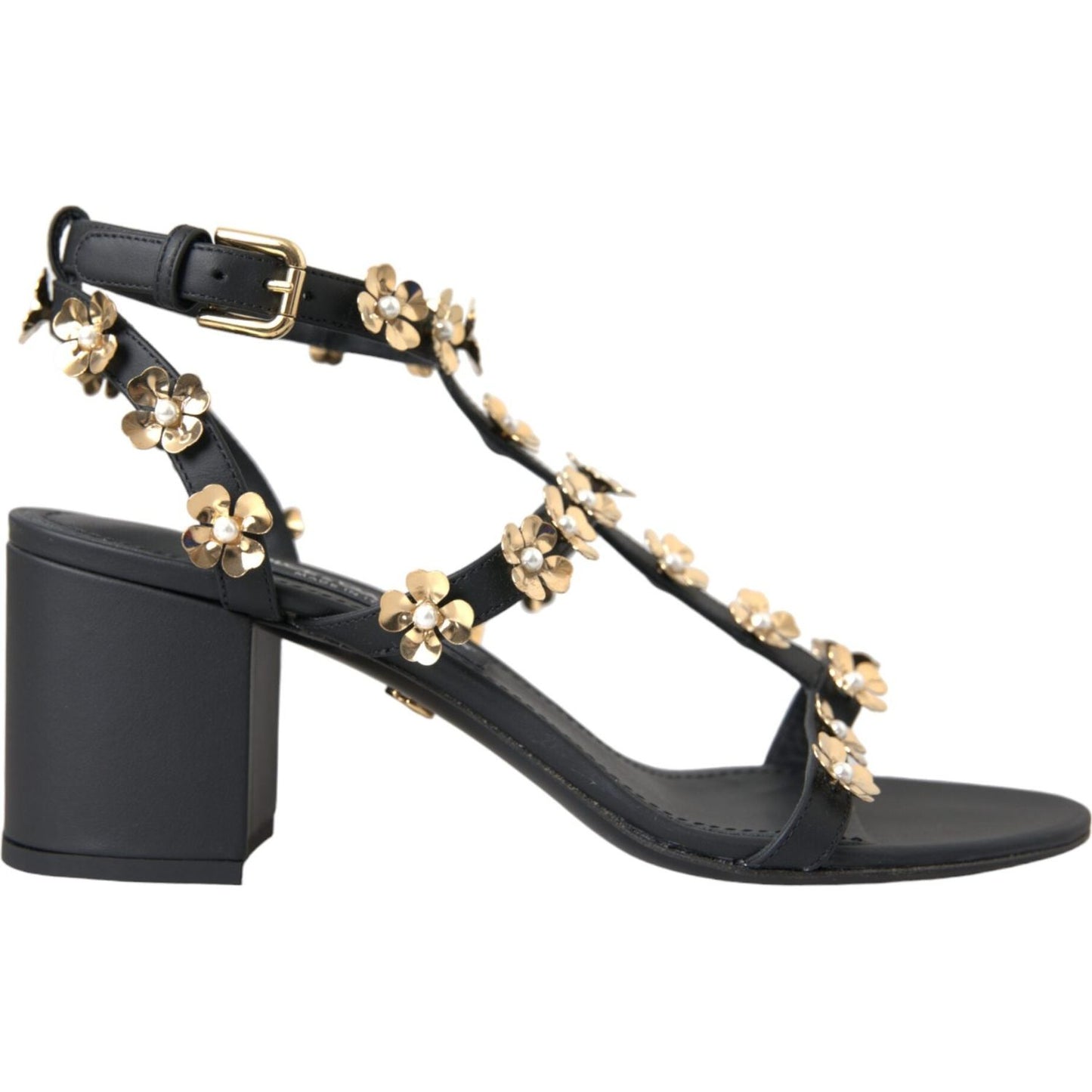 Dolce & Gabbana Black Leather Embellished Heel Sandal Shoes Dolce & Gabbana