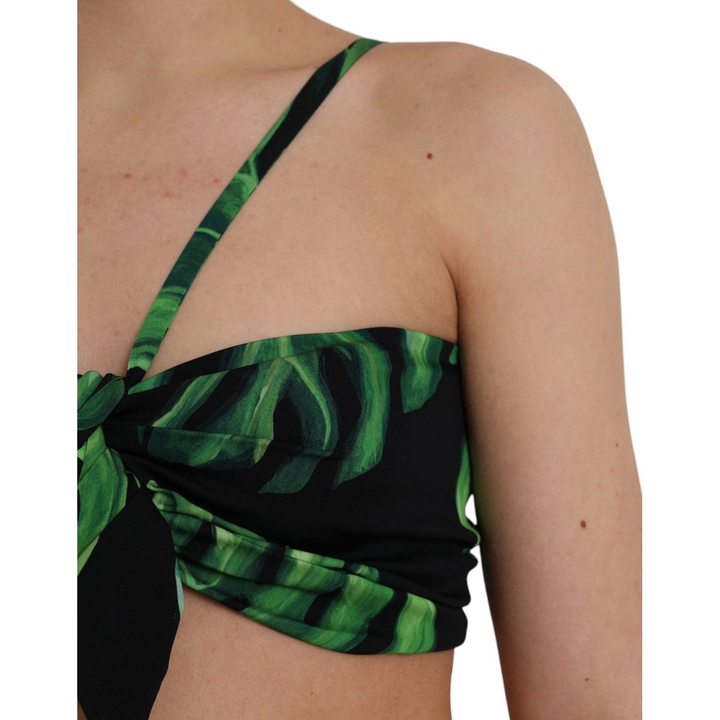 Dolce & Gabbana Black Green Leaf Silk Halter Cropped Top Dolce & Gabbana