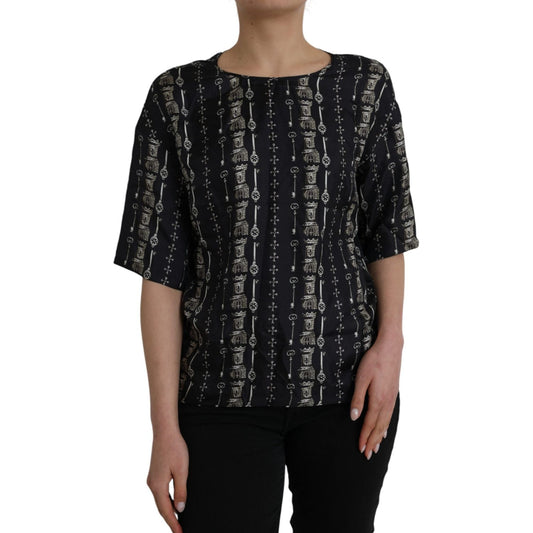 Dolce & Gabbana Black Key Castle Print Silk Blouse T-shirt Dolce & Gabbana