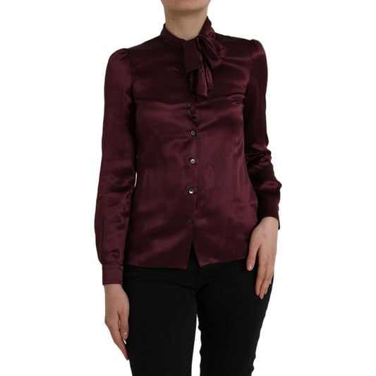 Dolce & Gabbana Maroon Ascot Collar Long Sleeve Top Blouse Dolce & Gabbana