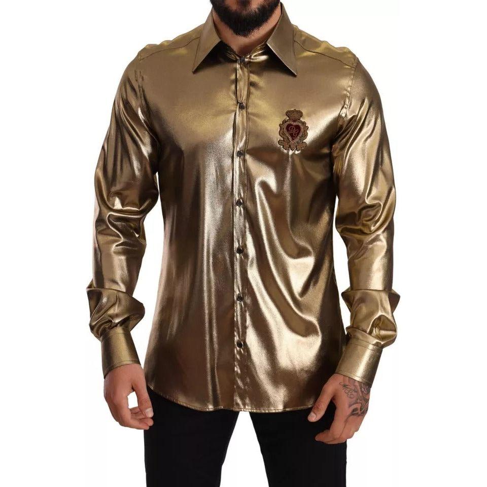 Dolce & Gabbana Metallic Gold DG Embroidered Crown Silk Top Shirt Dolce & Gabbana