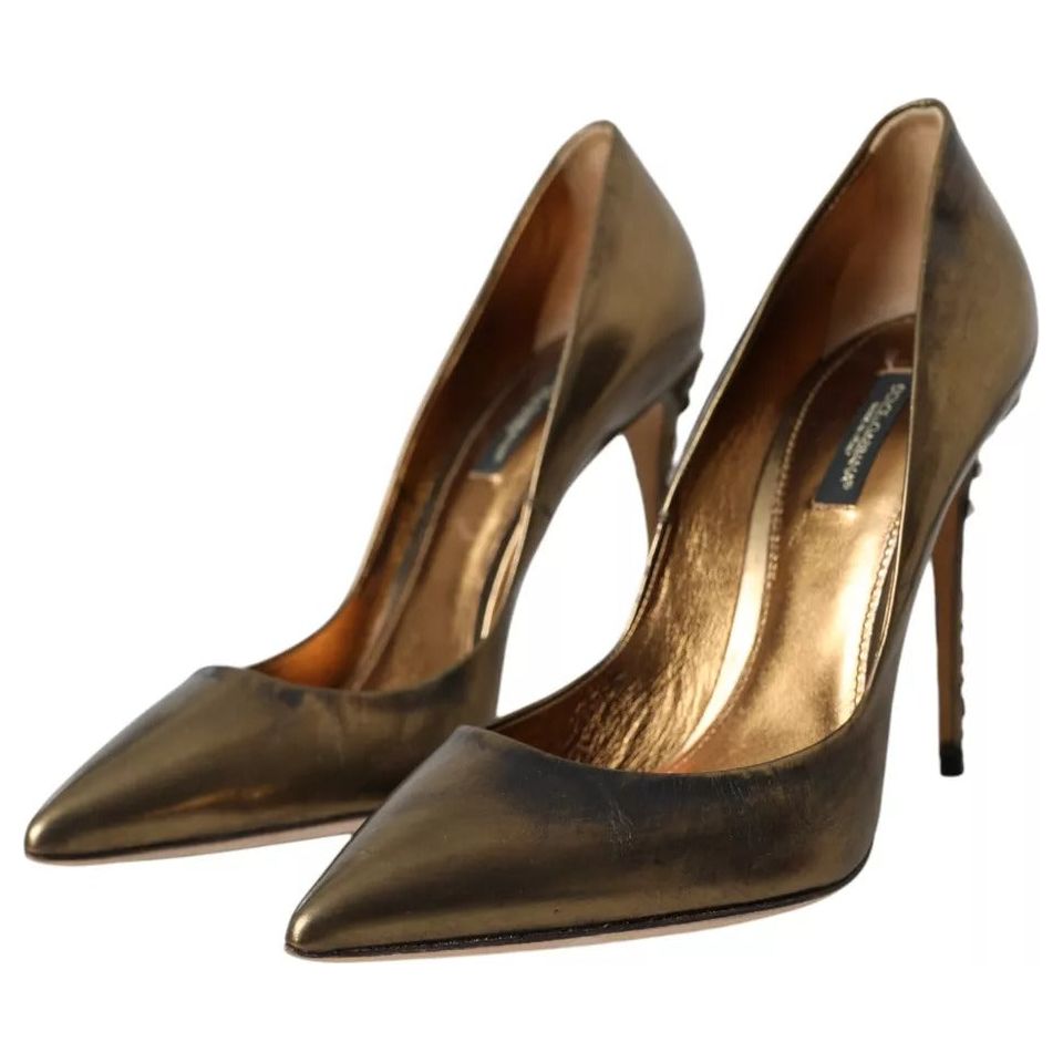 Dolce & Gabbana Bronze Leather Embellished Heels Pumps Shoes Dolce & Gabbana