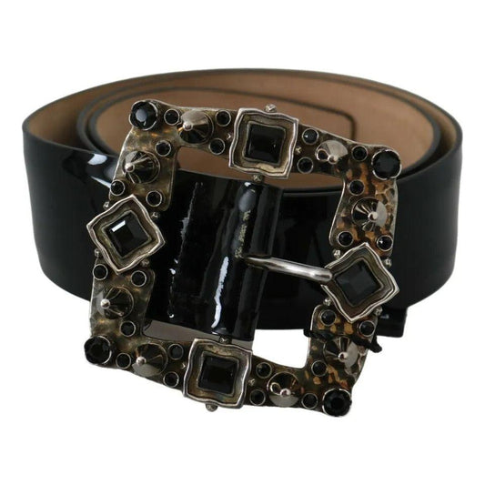 Dolce & Gabbana Black Shiny Leather Crystal Logo Buckle Belt Dolce & Gabbana