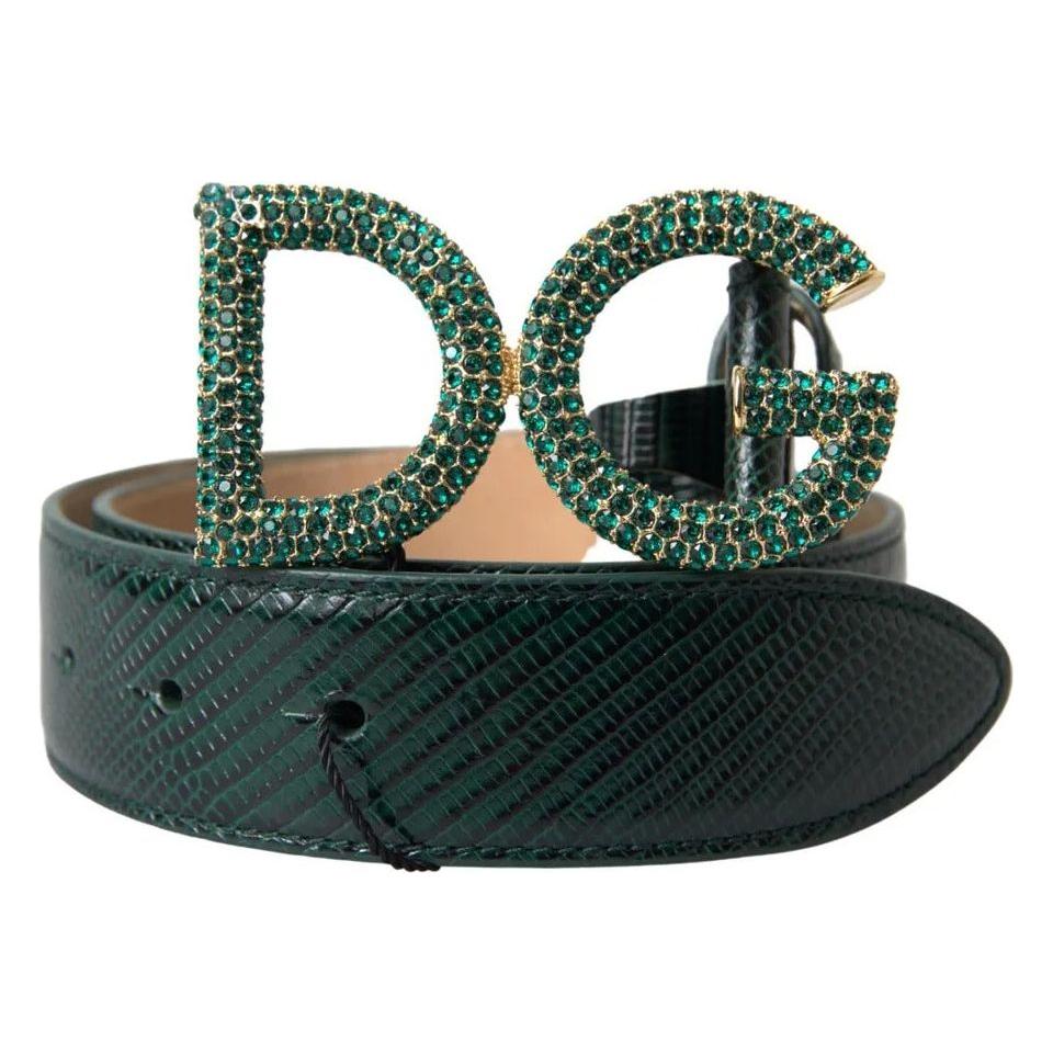 Dolce & Gabbana Green Iguana Leather DG Crystal Gold Buckle Belt Dolce & Gabbana