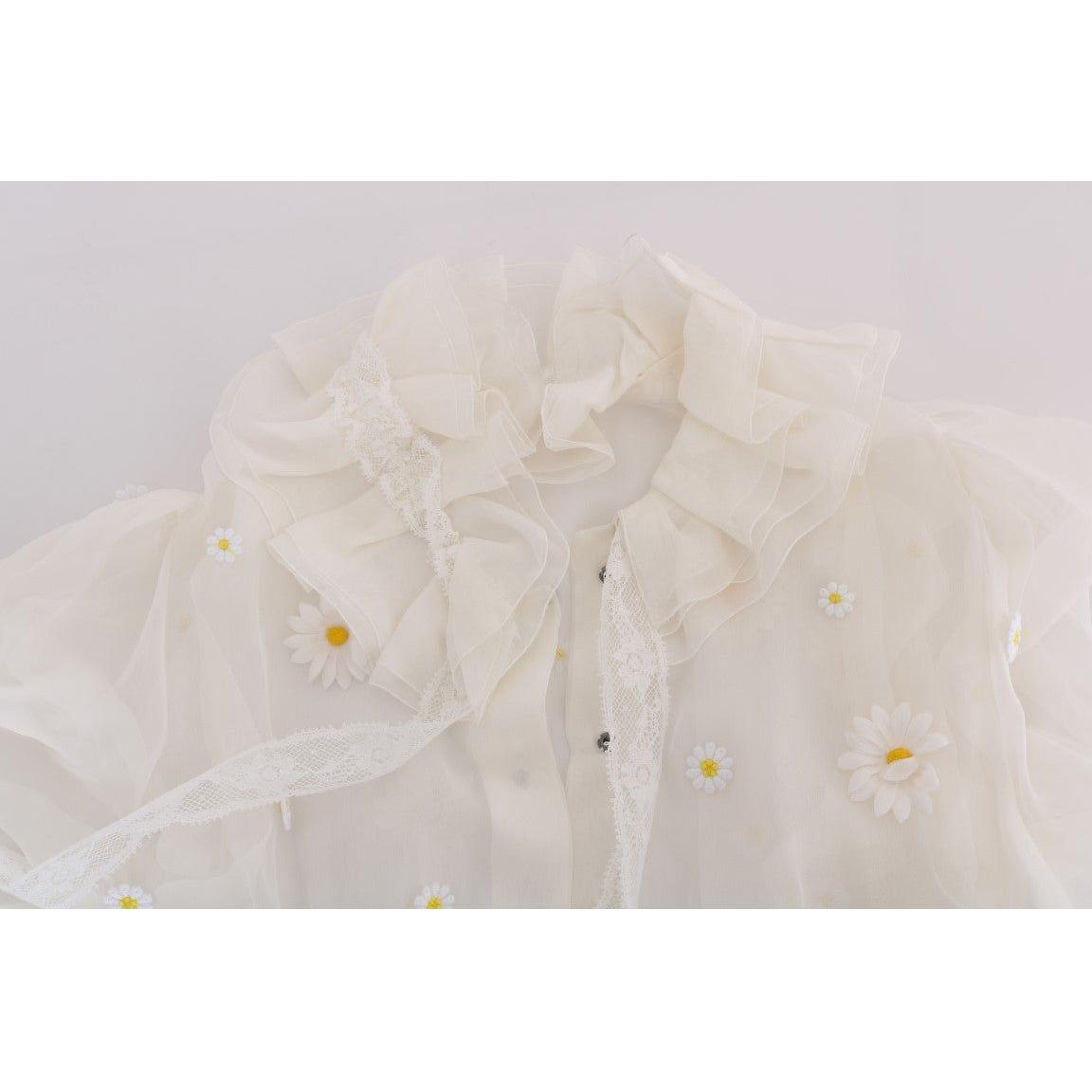 Dolce & Gabbana White Daisy Applique Silk Shirt