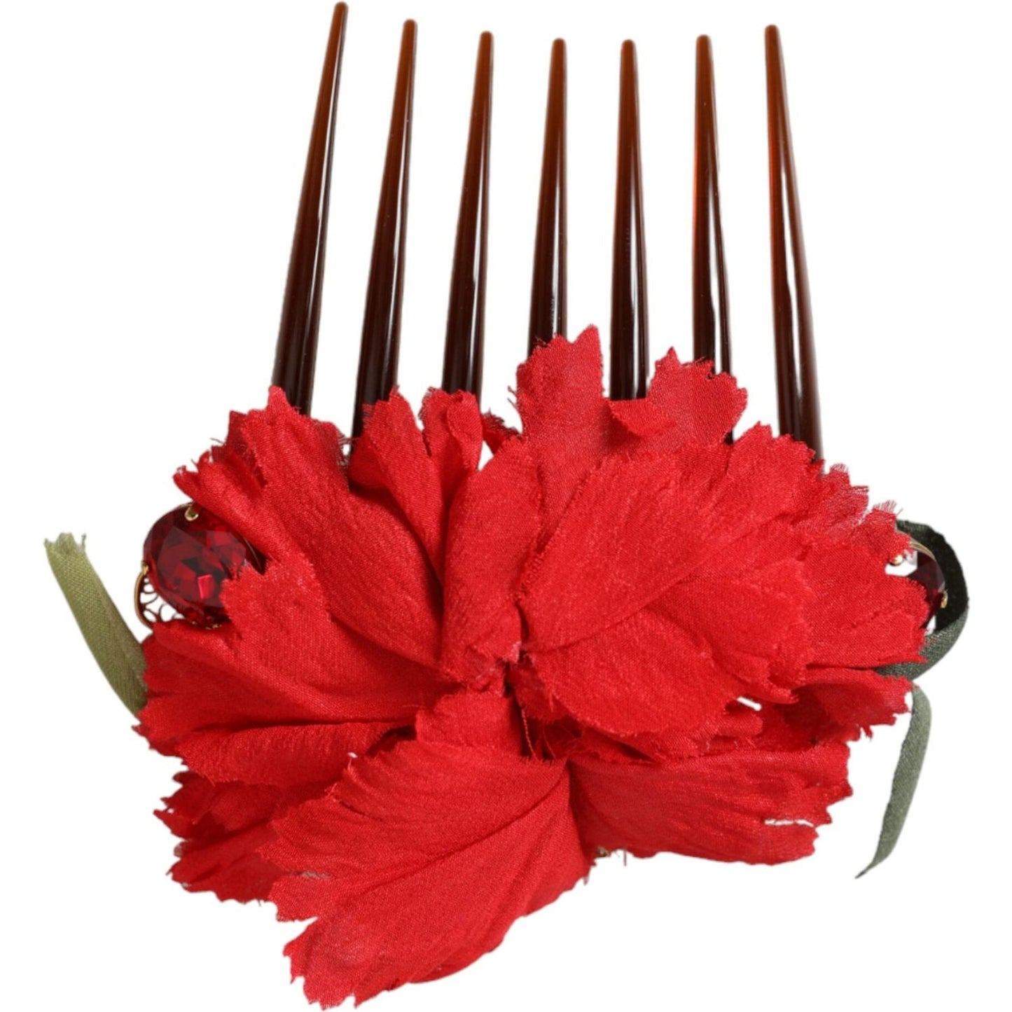 Dolce & Gabbana Red Silk Floral Gold Brass Women Hair Comb Dolce & Gabbana