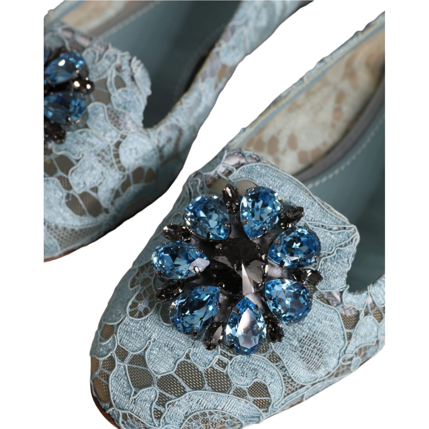 Dolce & Gabbana Blue Lace Crystal Ballet Flats Loafers Shoes