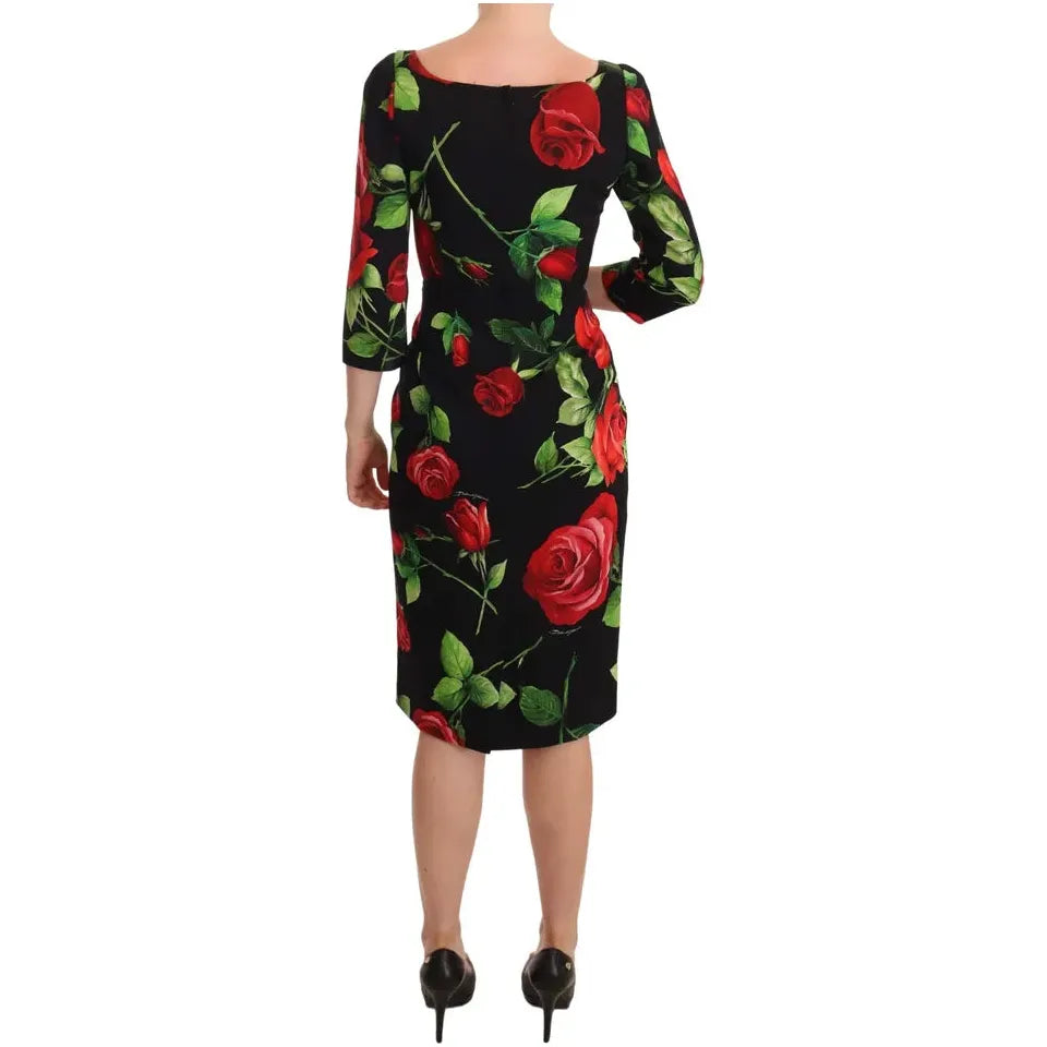 Dolce & Gabbana Black Red Roses Sheath Silk Stretch Dress Dolce & Gabbana