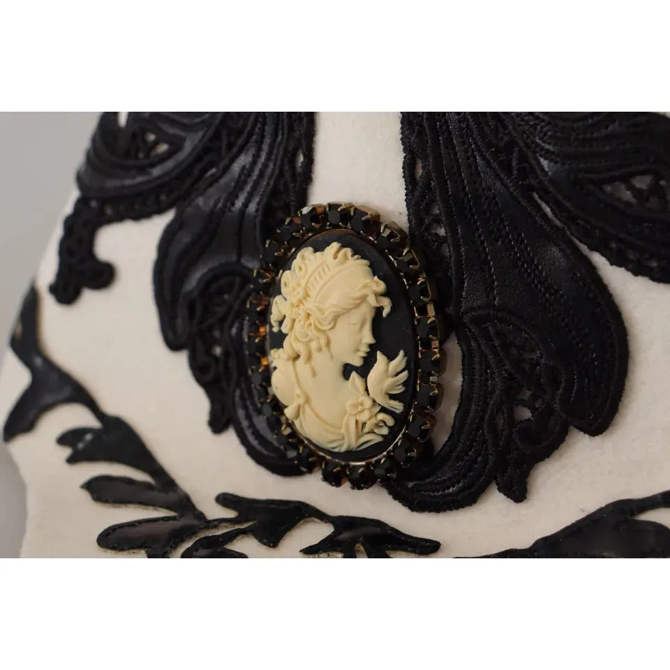 Dolce & Gabbana White Black Wool Embroidered Cameo Brooch Hat Dolce & Gabbana