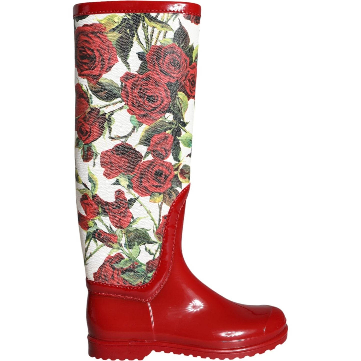 Dolce & Gabbana Red Floral Rubber Knee High Flat Boots Shoes Dolce & Gabbana