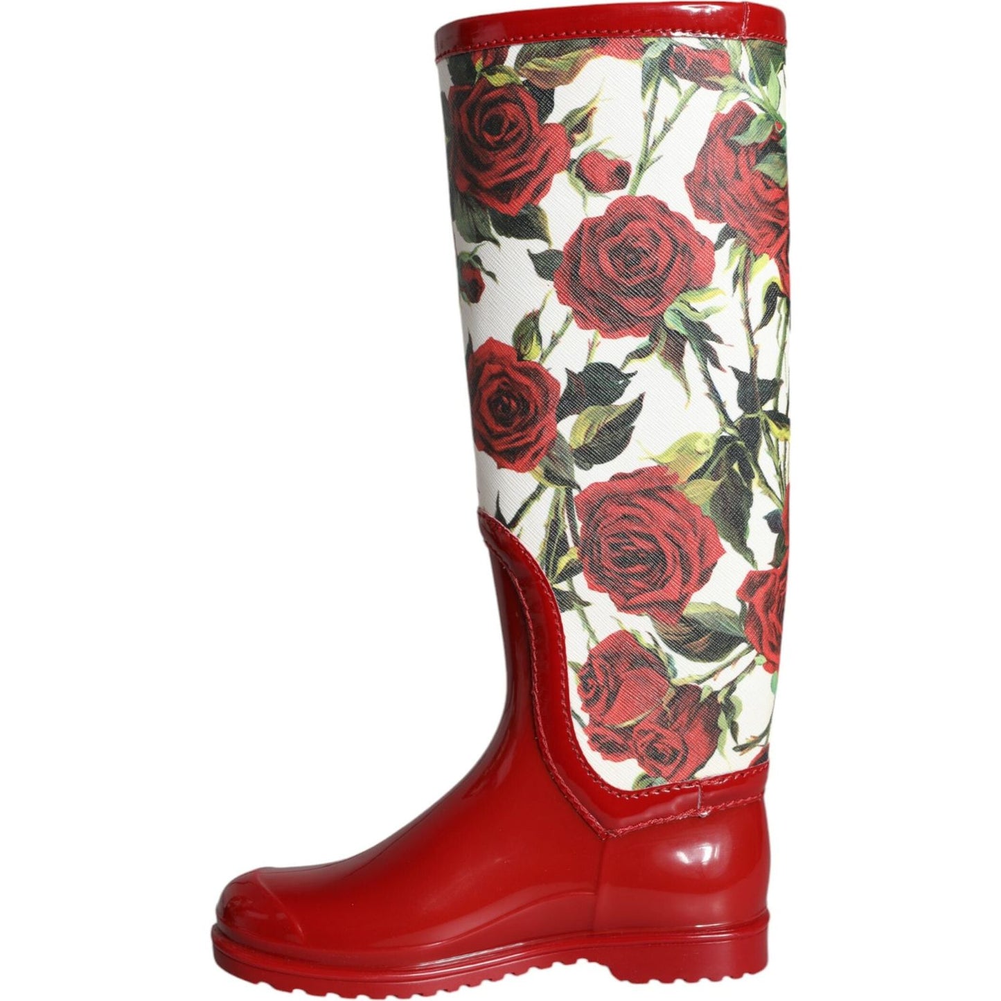 Dolce & Gabbana Red Floral Rubber Knee High Flat Boots Shoes Dolce & Gabbana