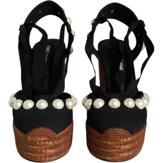 Dolce & Gabbana Black Pearl Wedge Heels Sandals Shoes Dolce & Gabbana