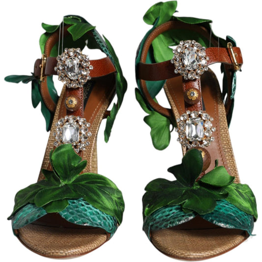 Dolce & Gabbana Emerald Embellished Leather Heels Sandals Shoes Dolce & Gabbana