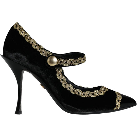 Dolce & Gabbana Black Mary Janes Velvet Gold Pumps Shoes Dolce & Gabbana