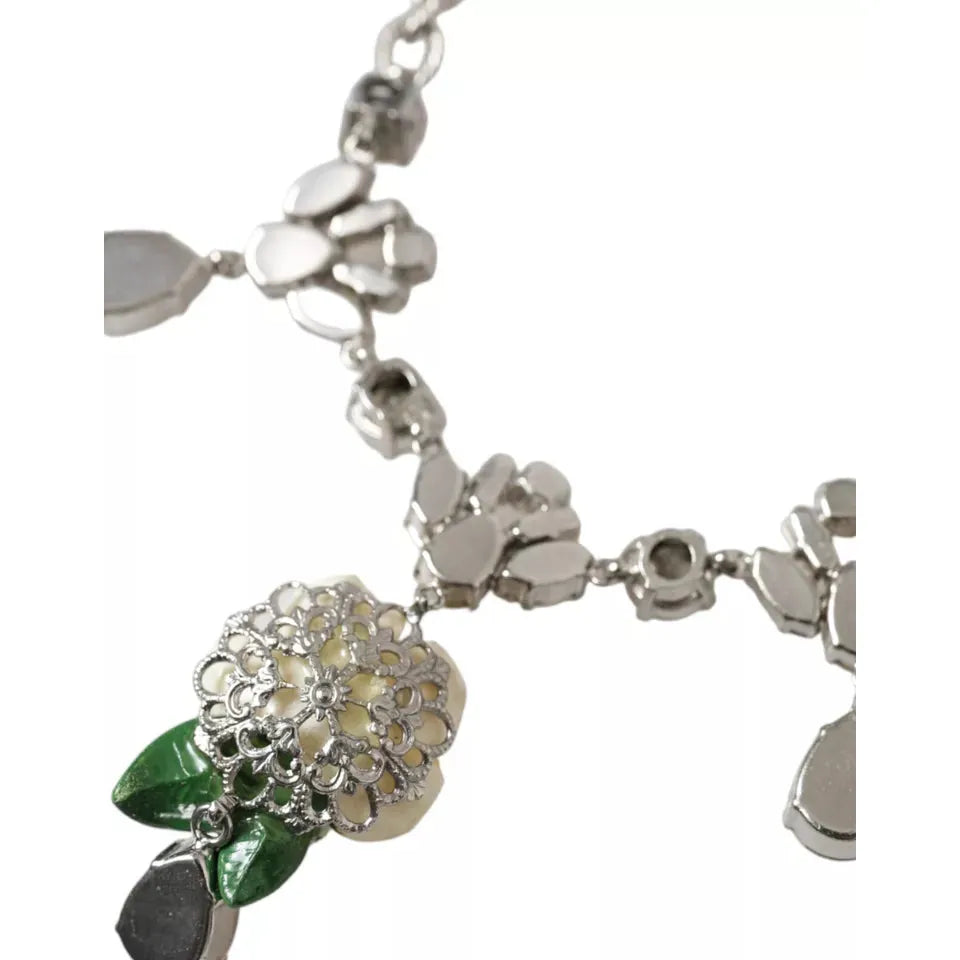 Dolce & Gabbana Silver Brass Clear Crystal Roses Pendants Necklace Necklace Dolce & Gabbana