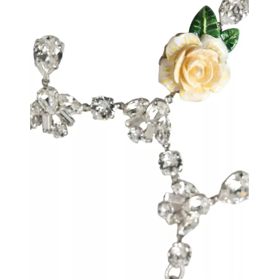 Dolce & Gabbana Silver Brass Clear Crystal Roses Pendants Necklace Necklace Dolce & Gabbana