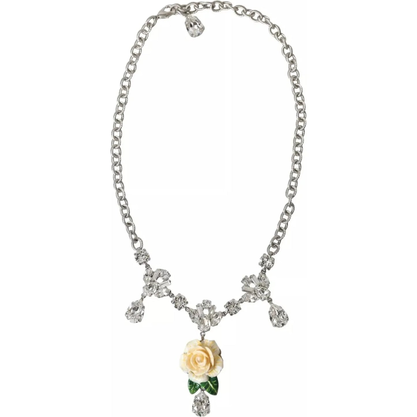 Dolce & Gabbana Silver Brass Clear Crystal Roses Pendants Necklace Necklace Dolce & Gabbana