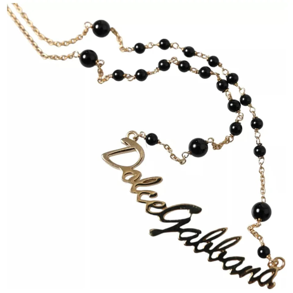 Dolce & Gabbana Gold Sterling Silver 925 Black Beaded Rosary Chain Necklace Dolce & Gabbana