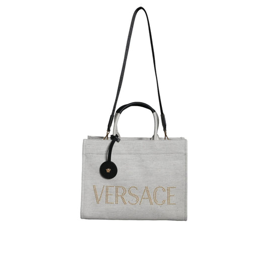 Versace White Top Handle Canvas Leather Logo Crossbody Tote Bag Versace