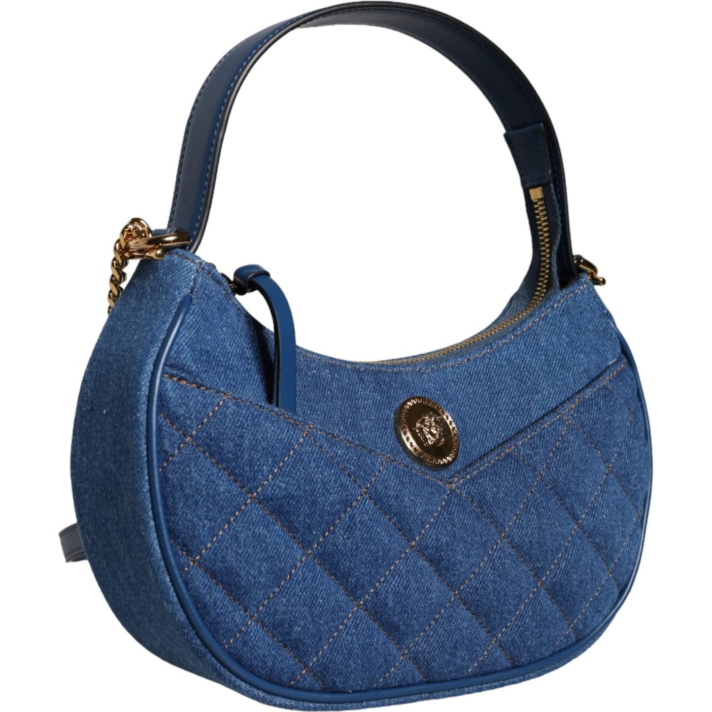 Versace Blue Quilted Denim Leather Top Handle Shoulder Bag Versace