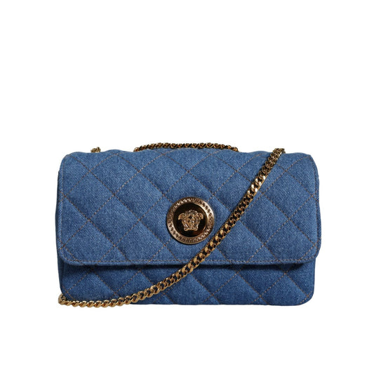 Versace Blue Quilted Denim Leather Crossbody Shoulder Bag Versace