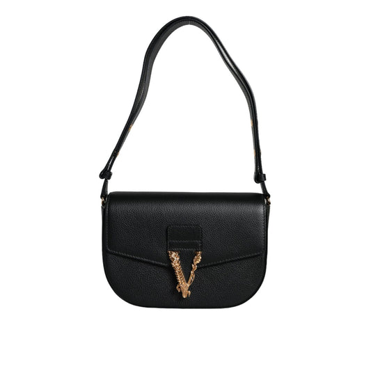 Versace Black Grainy Calf Leather Logo Crossbody Shoulder Bag Versace