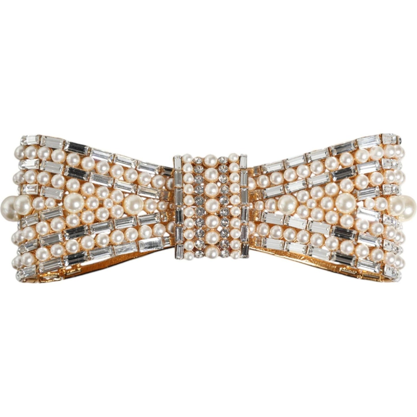 Dolce & Gabbana Gold Tone Brass Bow Crystal FauxPearl Embellished Brooch Dolce & Gabbana