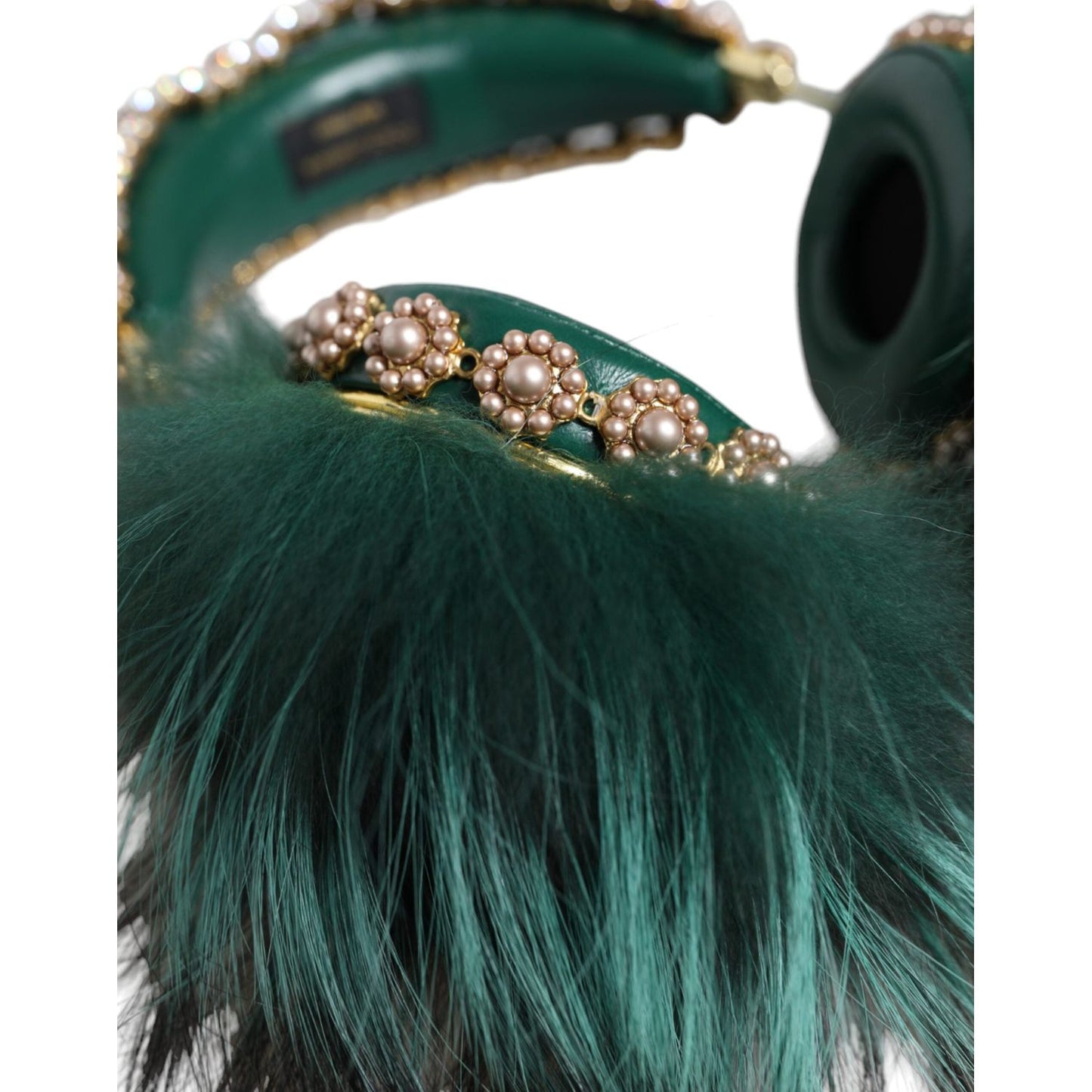 Dolce & Gabbana Green Gold Crystal Fur Headset Audio AUX Headphones Dolce & Gabbana