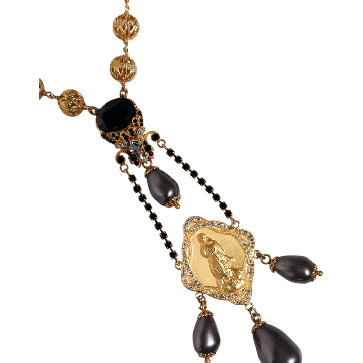 Dolce & Gabbana Gold Chain Brass Black Beaded Rosary Style Necklace Dolce & Gabbana