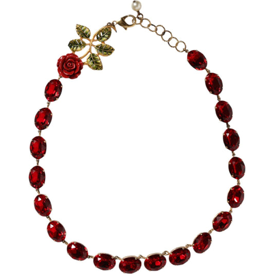 Dolce & Gabbana Gold Chain Brass Red Rose Crystal Embellished Necklace Dolce & Gabbana