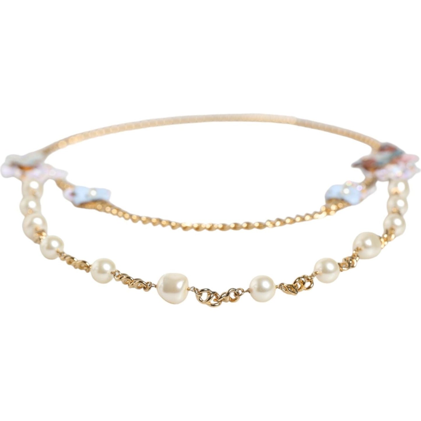 Dolce & Gabbana Gold Chain Brass Floral Layered Crystal Pearl Necklace Necklace Dolce & Gabbana