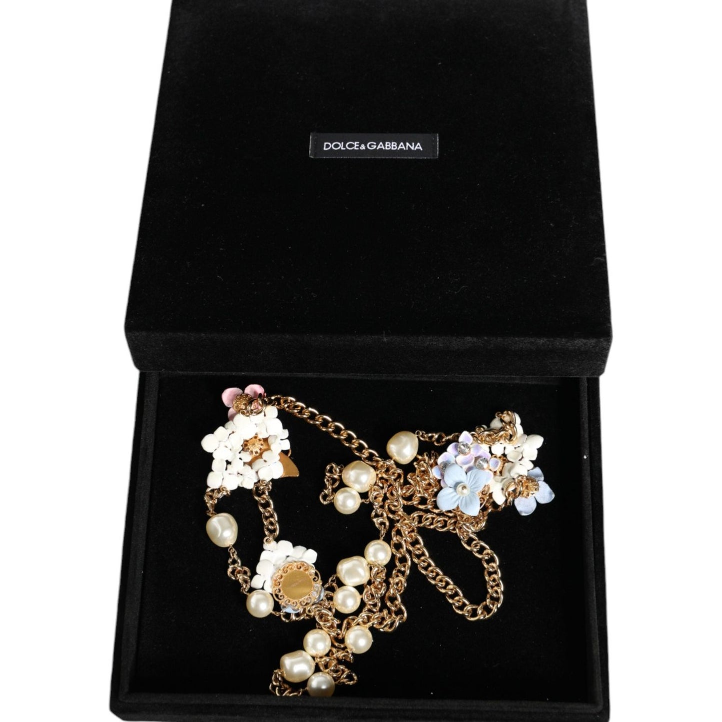 Dolce & Gabbana Gold Chain Brass Floral Layered Crystal Pearl Necklace Necklace Dolce & Gabbana