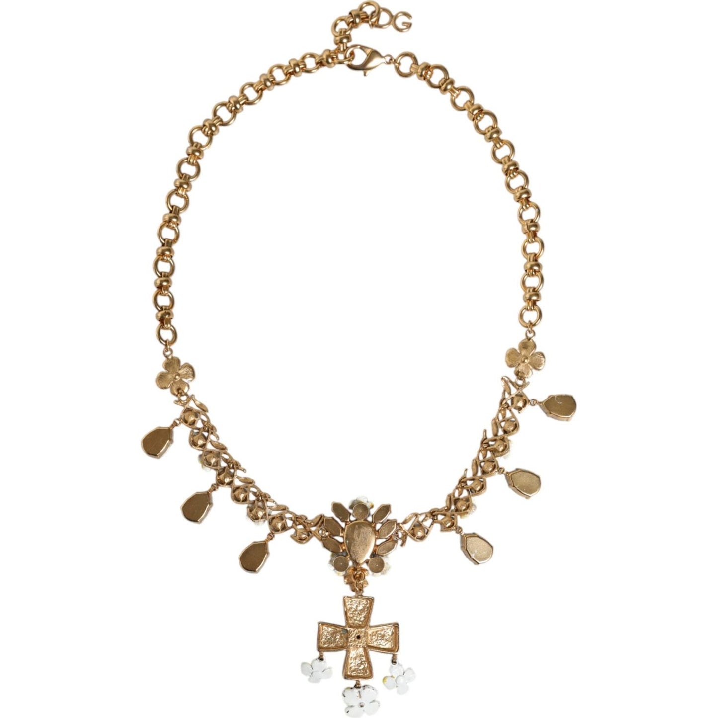 Dolce & Gabbana Gold Brass Chain Floral Crystal Cross Pendant Necklace Necklace Dolce & Gabbana