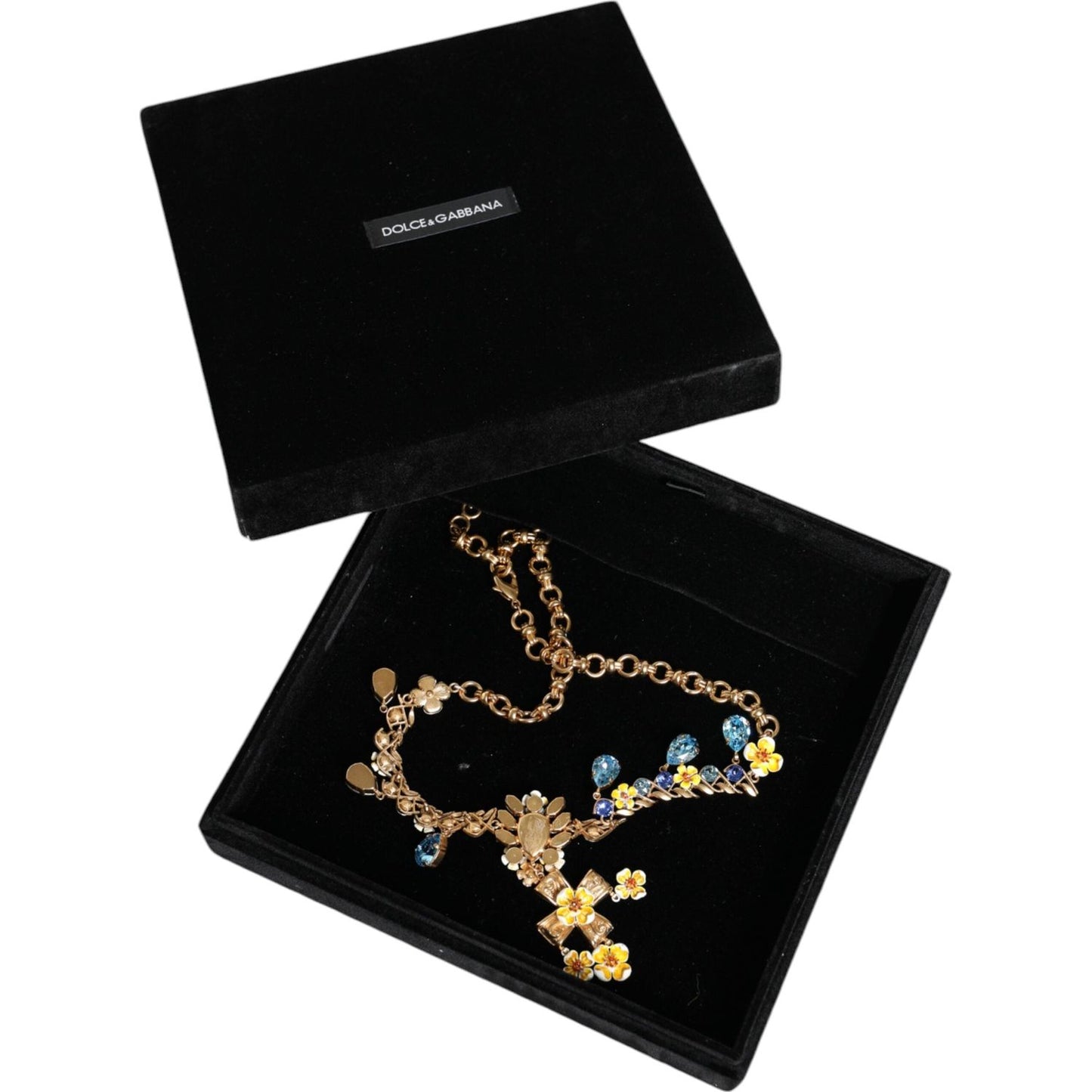 Dolce & Gabbana Gold Brass Chain Floral Crystal Cross Pendant Necklace Necklace Dolce & Gabbana