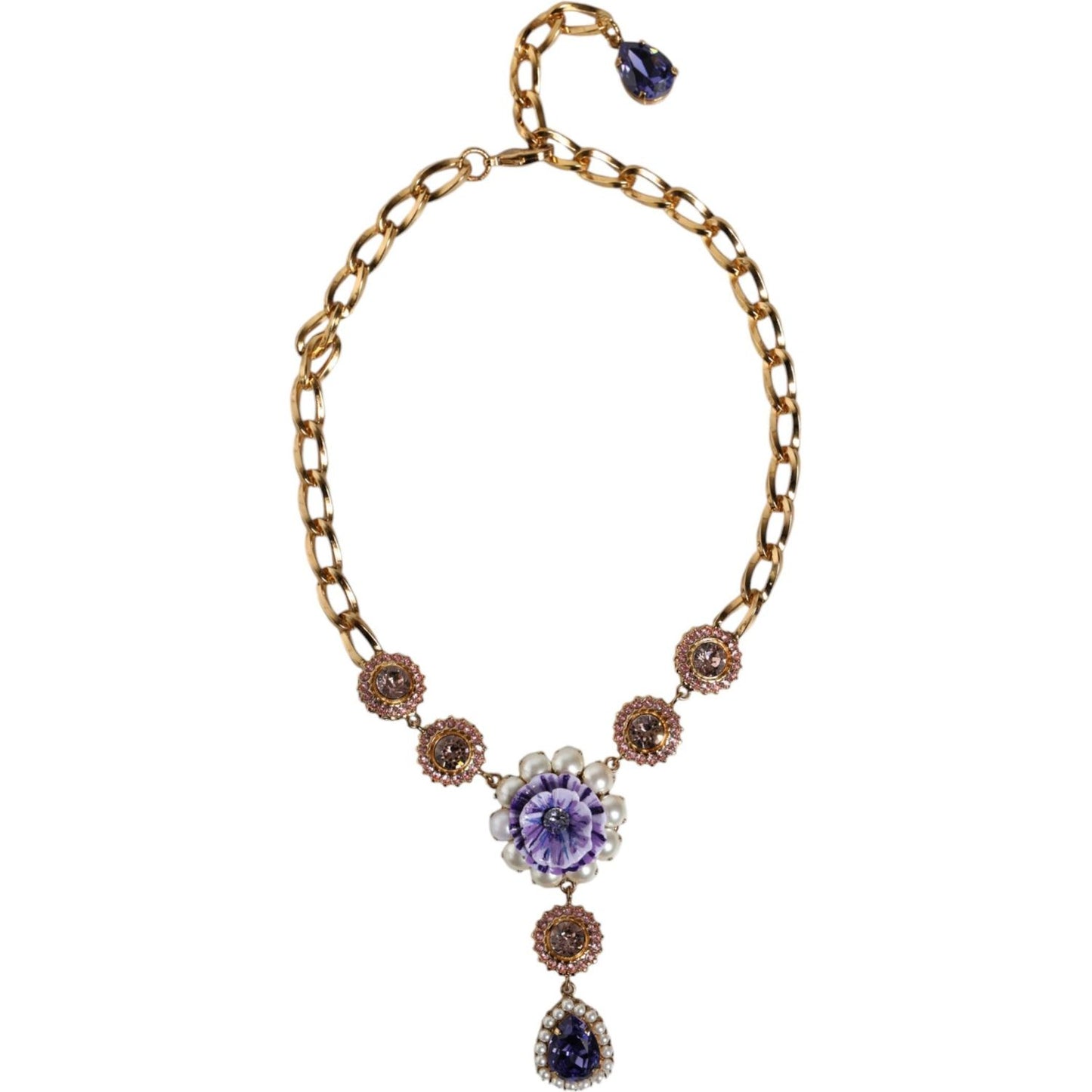 Dolce & Gabbana Gold Brass Crystal Purple Pink Pearl Pendants Necklace Dolce & Gabbana