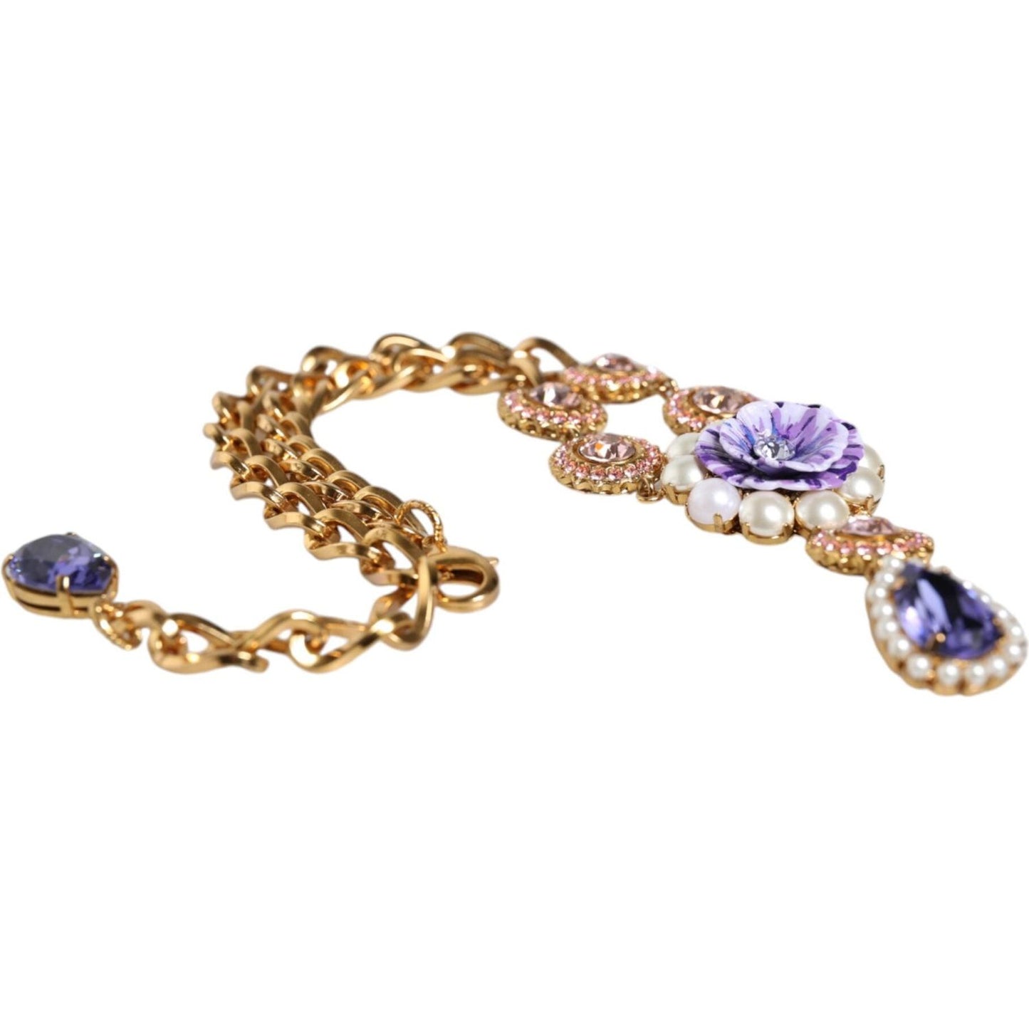 Dolce & Gabbana Gold Brass Crystal Purple Pink Pearl Pendants Necklace Dolce & Gabbana